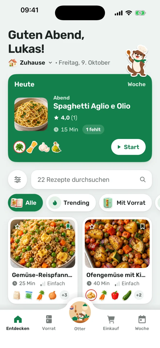 Orzos Startseite: heute Abend Spaghetti Aglio e Olio, darunter Rezepte zum Durchsuchen.