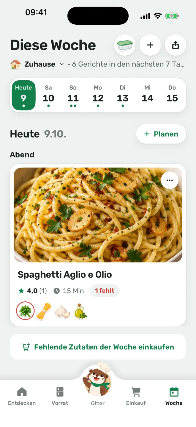 Der Wochenplan in Orzo: heute Abend Spaghetti Aglio e Olio, darüber die Tage bis Donnerstag, darunter „Fehlende Zutaten der Woche einkaufen“.